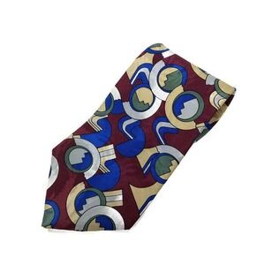 J.S. Blank and Co. Burgundy Blue Geometric Abstract All Silk Neck Tie USA 53"